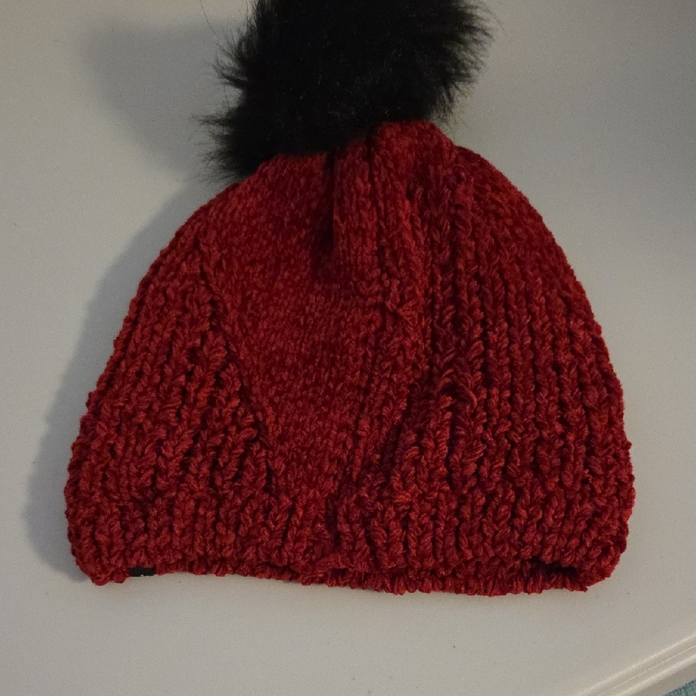 Isotoner Red Knit Hat with Black Pom